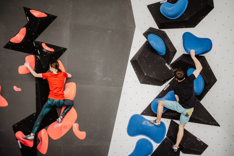 Climbing on the new bouldering wall in Veszprem, Hungary
